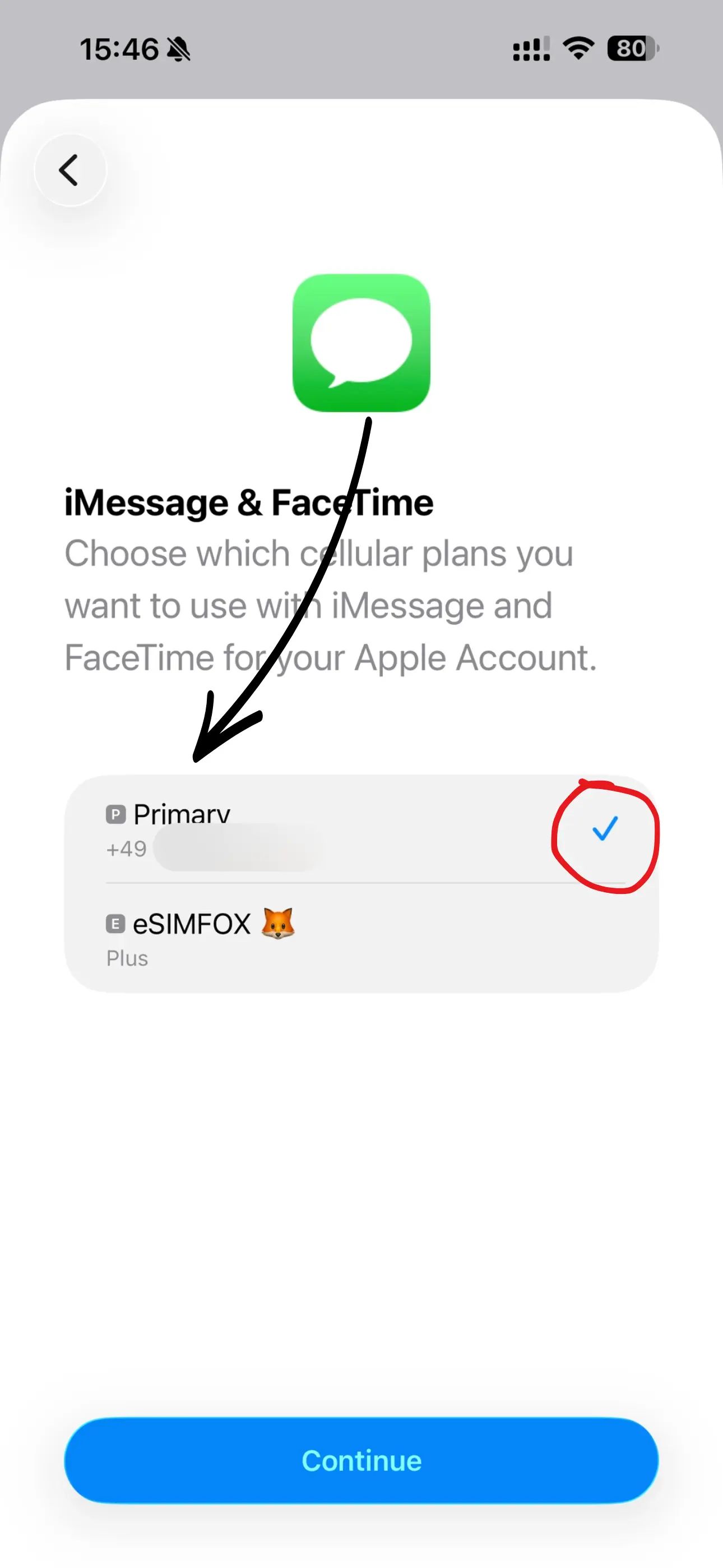 Obrazovka iPhone 13: Výběr linky pro iMessage a FaceTime