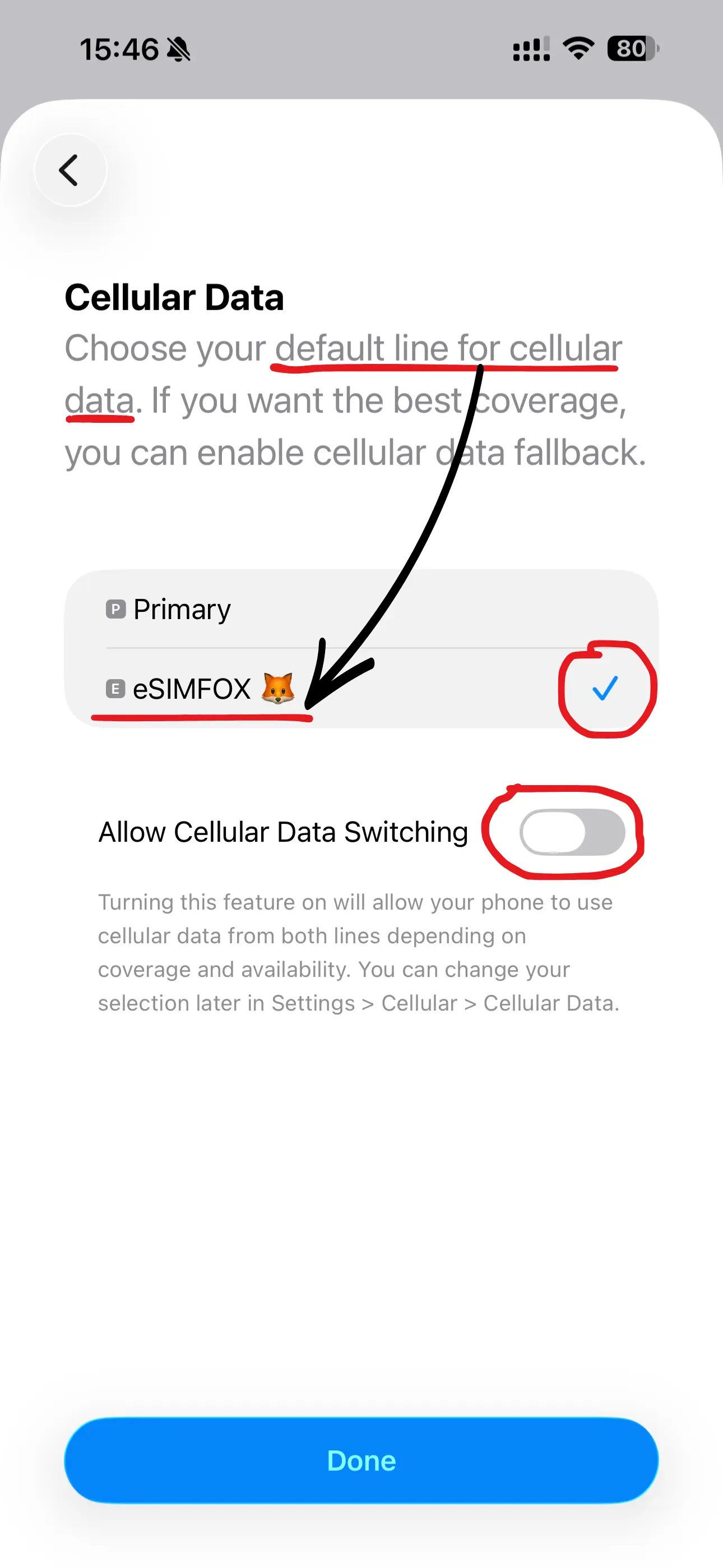 Obrazovka iPhone 13: Výběr linky pro mobilní data, přepínání vypnuté