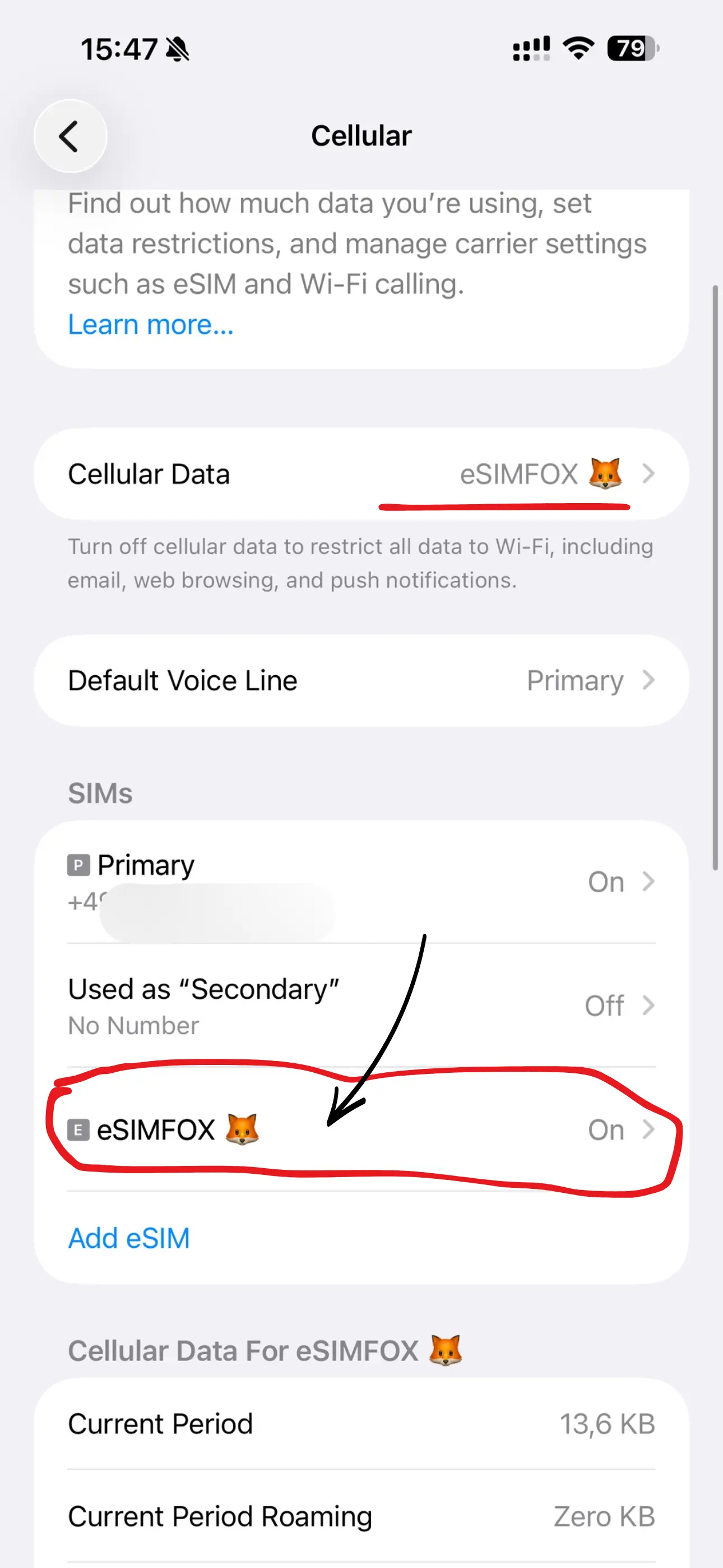 Obrazovka iPhone 13: Přehled mobilní sítě se zvýrazněnou kartou eSIM