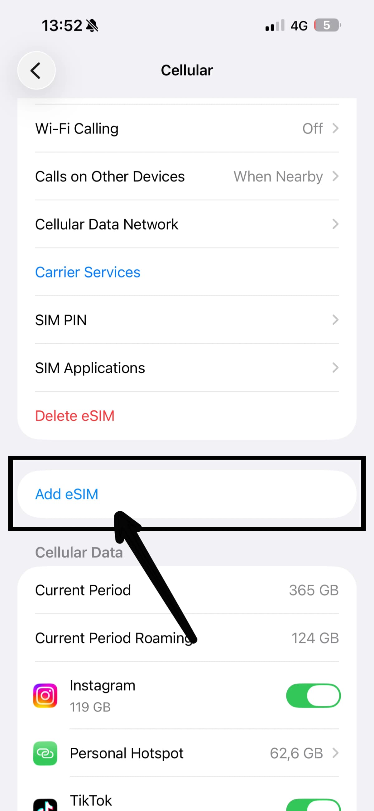 Obrazovka iPhone 13: Obrazovka Přidat eSIM