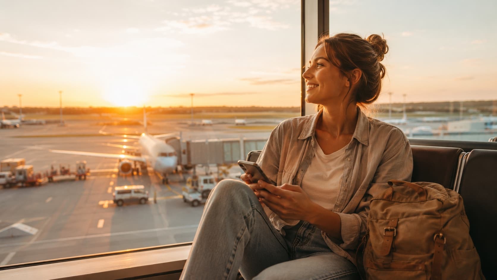Reisende am Flughafen-Gate bei Sonnenuntergang, Handy in der Hand, verbunden mit ihrer eSIMFOX eSIM
