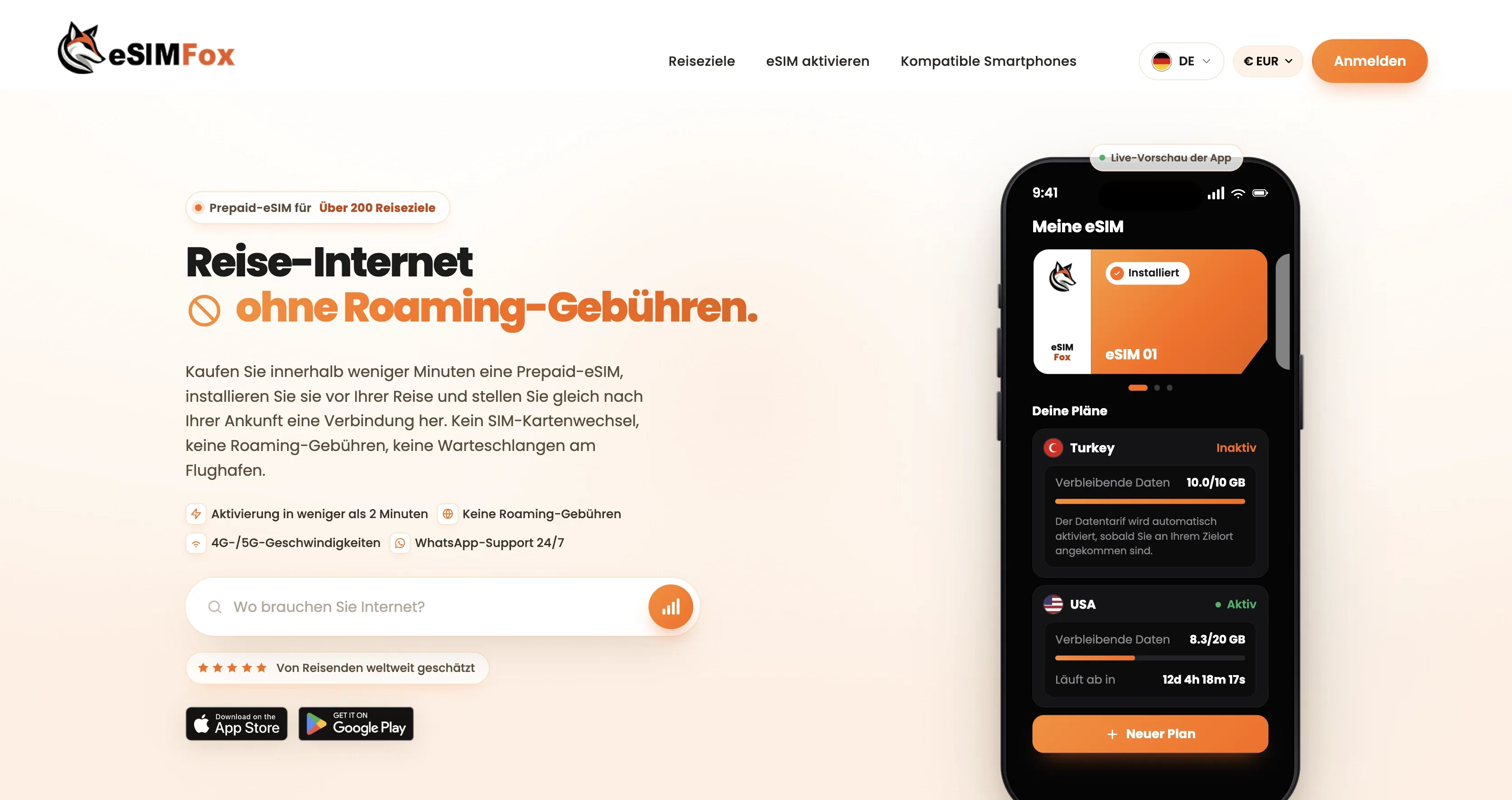 eSIMFOX Website: Tarifübersicht mit Preis pro GB (Screenshot)