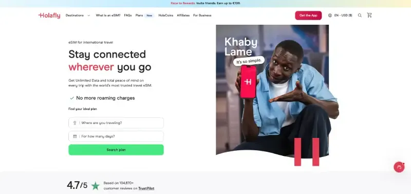 Holafly Website: Unlimited-Tarife im Überblick (Screenshot)
